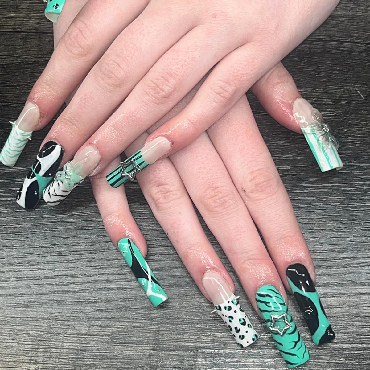 Extra-long square set mixing mint and black — zebra, leopard, and graffiti art with star charms.